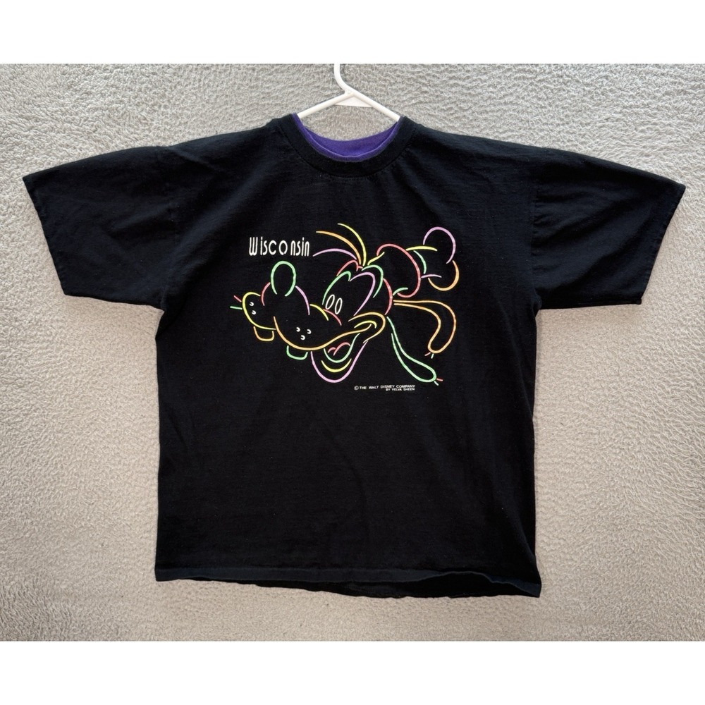 Vintage Disney Shirt Mens Large Black Purple Single Stitch Goofy Velva Sheen 90s